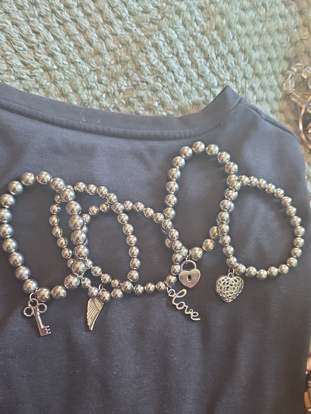 Silver Beaded Charm Bracelet Set - Heart, Key, Wing & Love Charms